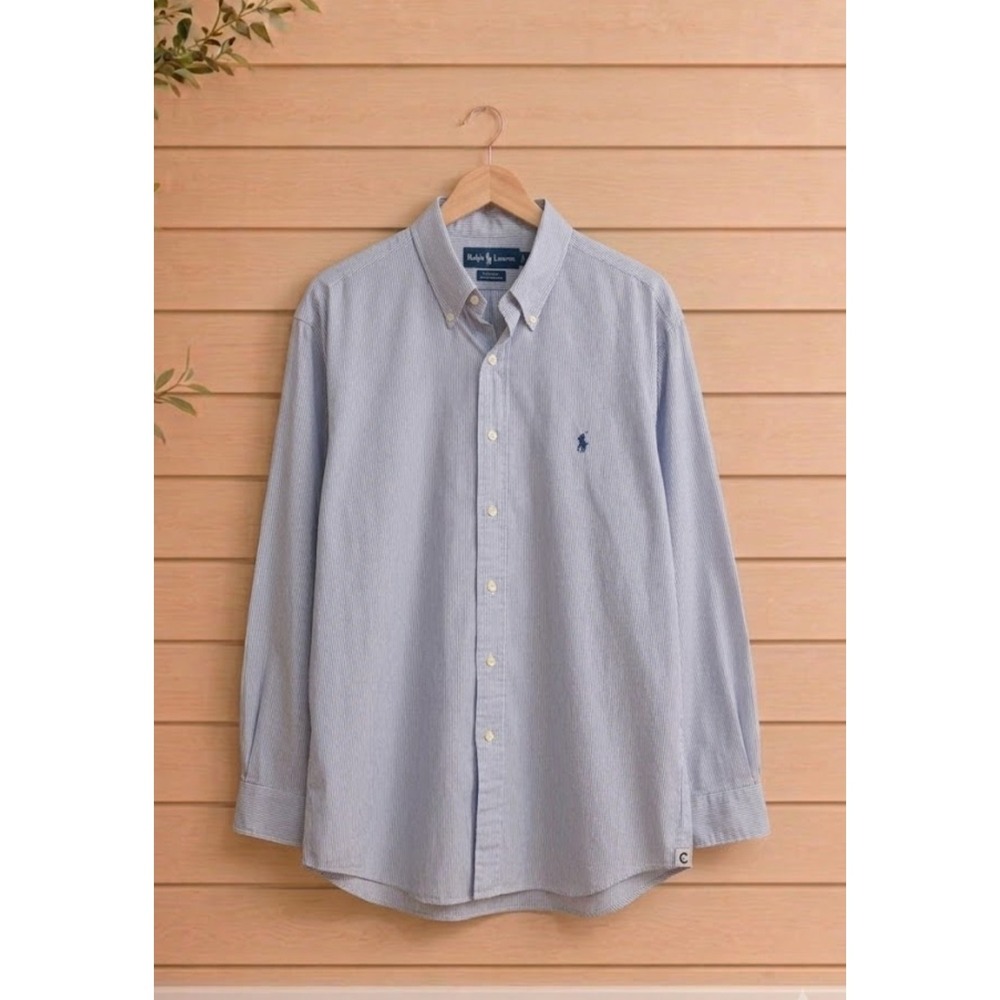 Ralph Lauren Men Yarmouth Shirt 17.5 34/35 Blue White Stripe Cotton Button Down